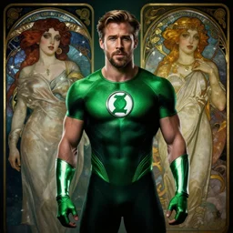 hyperrealistic ryan gosling green lantern slim bodybuilder in the style of greg rutkowski and alphonse mucha and artgerm xf iq 4, 1 5 0 mp, 5 0 mm, f 1. 4, iso 2 0 0, 1 / 1 6 0 s, photolab, affinity photo, photodirector 3 6 5, scary atmospheric lighting