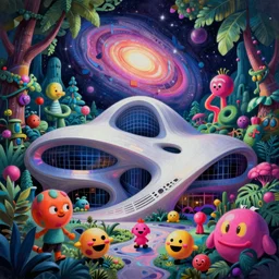 an extremely high quality hd surrealism painting of a 3d galactic neon complimentary-colored cartoon surrealism melting optically illusiony high-contrast zaha hadid futuristic jungle by kandsky and salvia dali the second, salvador dali's much much much much more talented painter cousin, clear shapes, 8k, realistic shading, ultra realistic, super realistic