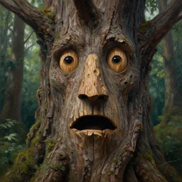 a talking tree, a face in the bark, nose made of wood, mouth in the bark, eyes in the bark, fantasy concept art, fantasy oil painting, hyperrealistic, treebeard, ents, magical, highly detailed, artstation, cgsociety, in the forest