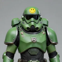 portrait of a mutant chronicles bauhaus doomtrooper, wearing green battle armor, a yellow smiley sticker centered on helmet, by mark brooks