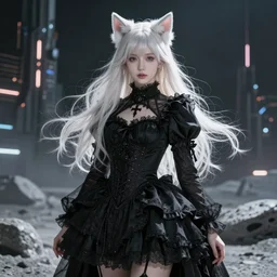 beautiful concept art of lunar cyberpunk city showing a beautiful girl with long platinum blonde hair, two - side up and cat ears standing in a black gothic frilly dress - 1 0 2 4