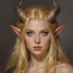 A head-on detailed oil fantasy portrait of a pretty elf woman with small horns on her forehead, long blonde hair and bright irises, by greg rutkowski, trending on artstation, dungeon and dragons art