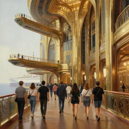 a crowd of people walk down a hallway on the atlantis paradise, a retro futuristic spaceship made of brass bronze gold, art deco influence, hotel style design. suspended bridge walkways. bioshock, starship titanic. clean, well composed painting by artgerm and greg rutkowski