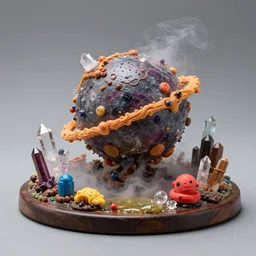product - view of diorama of the shape of the universe, occult cosmology, occult abiogenesis, hyper - detailed, crystals, plastic, rubber, wood, glass, play - doh, wet, mist, smoke, oil, realistic materials, 4 k, octane render, daylight, fujifilm velvia 5 0, color photography, sigma 2 8 mm, the intoxicating pleasure of conspiratorial thinking