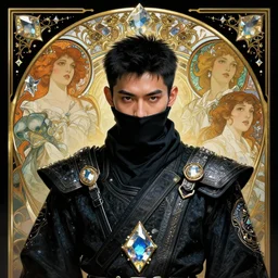 portrait of a young cyberpunk ninja man, fantasy, regal, fractal crystal, fractal gems, by stanley artgerm lau, greg rutkowski, thomas kindkade, alphonse mucha, loish, norman rockwell.