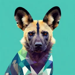 a geometric portrait of an african wild dog in teal, blue, green, white and purple, triangles, angular, abstract by paul lehr