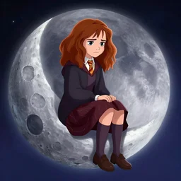 grumpy hermione granger sitting on the moon, fantasy, concept art, artstation, disney, pixar, dreamworks, anime, tyler edlin, feng zhu, jparked, thomas karpi