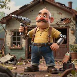 grumpy chunky bald handyman with mechanical drill arms, 7 0 s moustache, in a wrecked home, full body, hyperrealistic digital art masterpiece, highly detailed neo pop surrealism, jason limon kay sage hannah yata, dramatic lighting, low angle, uhd 8 k, sharp focus