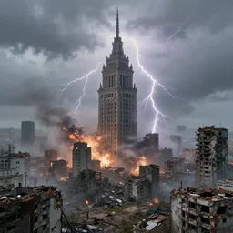 a destroyed 1 9 0 0 city with a big tower in the middle covered in mist, lightning bolts hitting and exploding the buildings, intricate details, by michal karcz