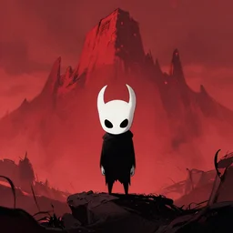 horror art, hollow knight alone, red peaks in the background, art by greg rutkowski