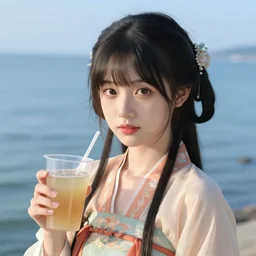very cute girl holding a drink in hanfu near the sea | very anime!!!, fine face, audrey plaza, realistic shaded perfect face, fine details. anime. strong realistic shaded lighting poster by ilya kuvshinov katsuhiro otomo ghost, magali villeneuve, artgerm, jeremy lipkin and michael garmash and rob rey