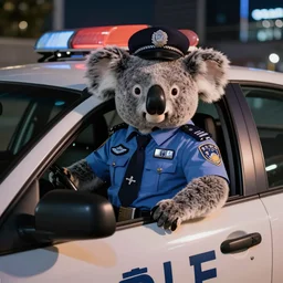 koala bear as police officer sitting in a patrol car photo night cityscape