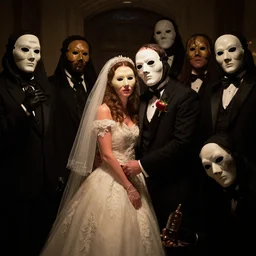 disturbing big budget hollywood movie everyone is wearing halloween masks at the marriage of reason and squalor dramatic lighting chiaroscuro