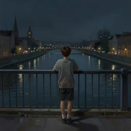 a lonely boy in a city bridge looking to the river at night, digital painting, masterpiece, digital art, hyperrealistic, concept art, octane render, unreal engine 5, trending on deviantart, sad atmosphere, centered, anatomically correct, oil painting, low contrast, serene scenery