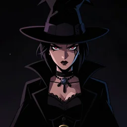 neo - noir, cell shaded, portrait of a woman magician, dark background, dramatic bold lighting, solid colors, detailed, solid blacks, line art, dark shadows, sharp edges, artstation, photoshop, trending, grunge, high contrast, octane render, cartoon, graphic novel, dark background, digital 2 d, artstation