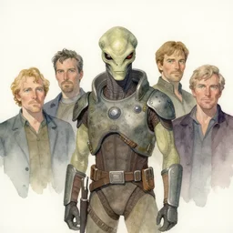a simple and atmospheric watercolour portrait of a pulp sci - fi alien commander, very muted colors, by rebecca guay, michael kaluta, charles vess and jean moebius giraud