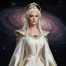 portrait of the powerful empress of the solar system in the style of anna dittmann and in the style of charles dana gibson. glowing, ornate and intricate linework, stunning, dynamic lighting, ultrafine and hyperdetailed.