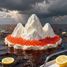 an island made of red caviar, in the center of this island there are several mountains made of white ice cream, the water around this island is made of coca - cola ( dark brown water ), the photo was taken from a boat, lemon slices float on the water, by thomas kinkade