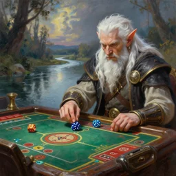 fantasy dice gambling with a white haired dwarf on the riverside, oil painting, greg rutkowski, highly detailed, colorful, dramatic lighting, cinematic composition,