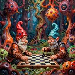 two gnomes playing chess in a forest, fluid, smooth, organic, crazy, bright, colours, tumours, high contrast, sharpness, dramatic, very detailed, intricate, by giger and corben and moebius and beksinski and bosch and bacon