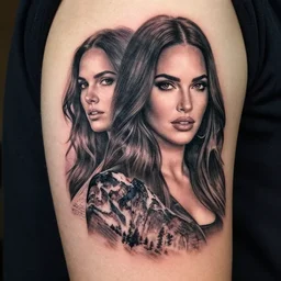 double exposure effect tattoo design sketch of megan fox and beautiful mountains, realism tattoo, in the style of matteo pasqualin, amazing detail, sharp