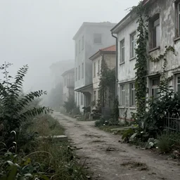 “a city lost to time, empty, overgrown, desolate, foggy, atmospheric, subtle horror by studio ghibli”