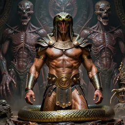 serpent - man warlord wearing bronze age clothing, bodybuilder snake, anatomical, horrific background symmetrical, zoom out, high quality, high definition, 8 k, photograph photorealistic by frank frazetta