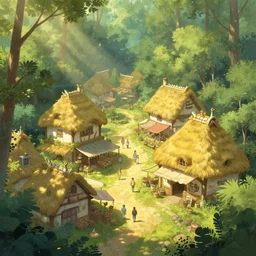 a cozy fantasy city in a shaded forest, marketplace, thatched houses, yellow and greens, sun rays, peaceful james gurney