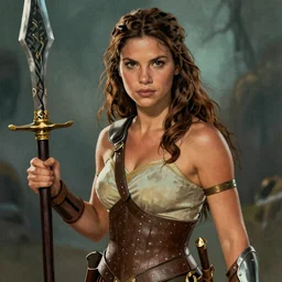 Lucy Lawless as Xena: Warrior Princess, highly detailed, portait, character art by Fiona Staples.
