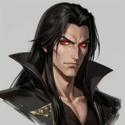 dracula, long dark hair, bright red eyes, castlevania, character concept art, sharp focus, octane render, unreal engine 5, highly rendered, trending on artstation, detailed linework, illustration by artgerm, wlop, and chie yoshii