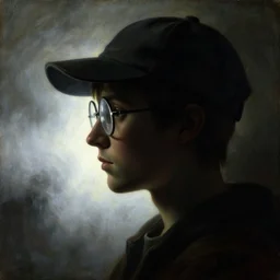 a baroque neoclassicist close - up side profile portrait of a silhouette of a sci - fi retrofuturistic alien boy with a baseball hat, glasses and a straight nose, glowing fog in the background. renaissance portrait painting. highly detailed science fiction painting by norman rockwell, frank frazetta, and syd mead. rich colors, high contrast, gloomy atmosphere, dark background. trending on artstation