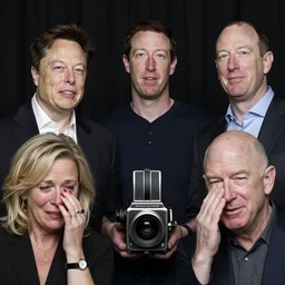 a world press photo winner hasselblad medium format group - photo of elon musk, zuckerberg and bezos, crying. by anne leibovitz
