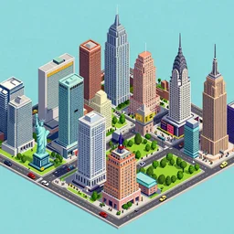 Los Angeles in SimCity2022 style. isometric. retro. pixelart. maxis. cars. people. 5th Avenue. Statue of liberty. Flatiron building. United nations Headquarters. Chrysler building. Times Square. Central Park. Rockefeller Plaza. Empire State. Pixel art,