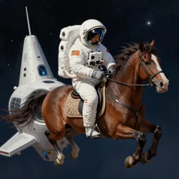 horse riding on astronaut - looking spaceship. digital painting by kirby