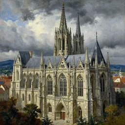 photorealistic surrealist painting of an medieval gothic french city with ornate stone architecture, dramatic cloudy sky, mountains in distance, by max ernst