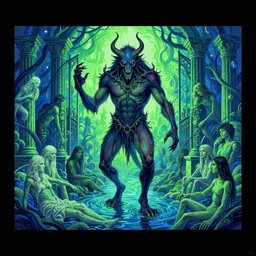 A photograph of a hellspawn demon greeting souls of sinners at the gates of the River Styx by Dan Mumford and Josan Gonzalez and Feng Zhu and Loish and Stephen Gammell: 1, black border: 0.75: 0.5, vibrant: 0.75, psychedelic, green: 0.25, blue: 0.25