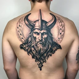 a man with a viking tattoo on his back, a tattoo by richard mortensen, reddit contest winner, primitivism, tattoo, detailed, intricate
