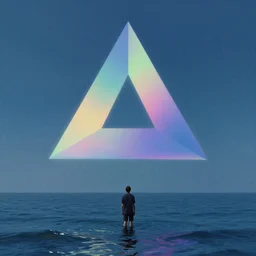 a person standing in the ocean with a triangle in the sky, a matte painting by filip hodas, cgsociety, abstract illusionism, chillwave, global illumination, tesseract