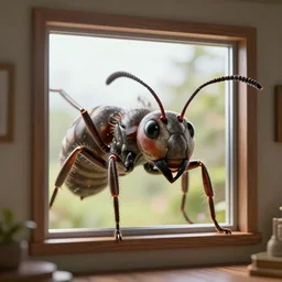 a giant ant head popping into a room through the window, 4 k, highly detailed, high quality