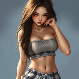 a beautiful korean woman with wide sultry hazel eyes and brown hair, wearing plaid pleat shorts and drawstring shirred tube top, stunning, highly detailed, digital painting, artstation, hard focus, art by artgerm and wlop