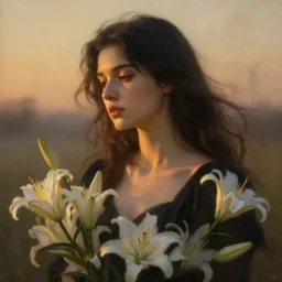 oil painting close up portrait of a contemplative young woman with long dark flowing hair in a black dress, surrounded by white lilies!! at sunset, hazy, digital art, chiaroscuro, artstation, cinematic, golden hour, digital art painting by greg rutkowski, william - adolphe bouguereau, hazy atmosphere, cinematic lighting