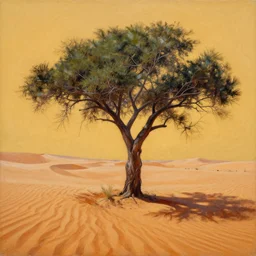 a painting of a tree in the desert, a striking airbrush painting by breyten breytenbach, detailed sand pattern, cgsociety, neo - primitivism, airbrush art, dystopian art, apocalypse landscape