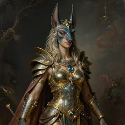 Mystical Valkyrie, Portrait of a beautiful female Atlantean Anubis Alien Warrior, Regal, Realistic, Refined, Detailed Digital Art, François Boucher, Oil Painting, Michael Cheval, Esao Andrews, Steampunk, Walt Disney (1937), Highly Detailed, Cinematic Lighting, Unreal Engine, 8k, HD