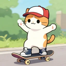 cute and funny, a cat standing on its back legs, wearing high top sneakers and a baseball cap, riding a skateboard, by mike judge, trending at artstation, award winning