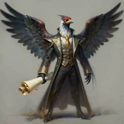 painting of an anthropomorphic bird man with scrolls on his arm, large wings, fancy suit, concept art by jon foster, featured on cgsociety, altermodern, concept art, speedpainting, official art