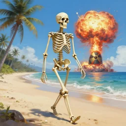 (((Beautiful digital painting portrait))) of relaxed skeleton walking on the tropical beach!!! with nuclear bomb explosion in the background!!!, by James Gurney, high quality, trending on Artstation, realistic, tropical color scheme, anatomically correct skeleton, high coherence, blue sky