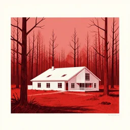 social modernist blockhouse estate in the midle of red, radioactive dead forest, screen print