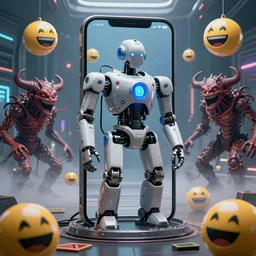 robot 9 0 0 0 gets a timeout by the militant mods on stable diffusion and is forced to not create for 2 4 hours because of mutated content in his iphone 1 1, robot 9 0 0 0 is strapped to a containment device made by syd mead moebius shepard fairey hr giger, hdr, 8 k, volumetric lighting, yield signs everywhere, laughing emojis, high contras, beautiful colors, demonic mod creatures laughing, mist, futuristic room background with lasers, photorealistic,