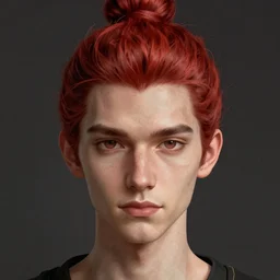 portrait of a thin young man with red hair in a man bun, intricate, symetric, highly detailed, digital painting, artstation, sharp focus, illustration