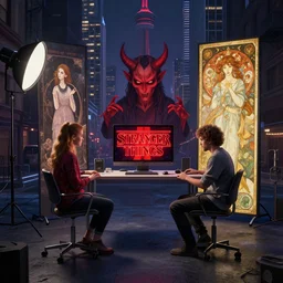 😈 👹 stranger things in toronto downtown city. studio lighting digital art station unreal engine render by jessica rossier and j. c. leyendecker and alphonse mucha, dreamworks